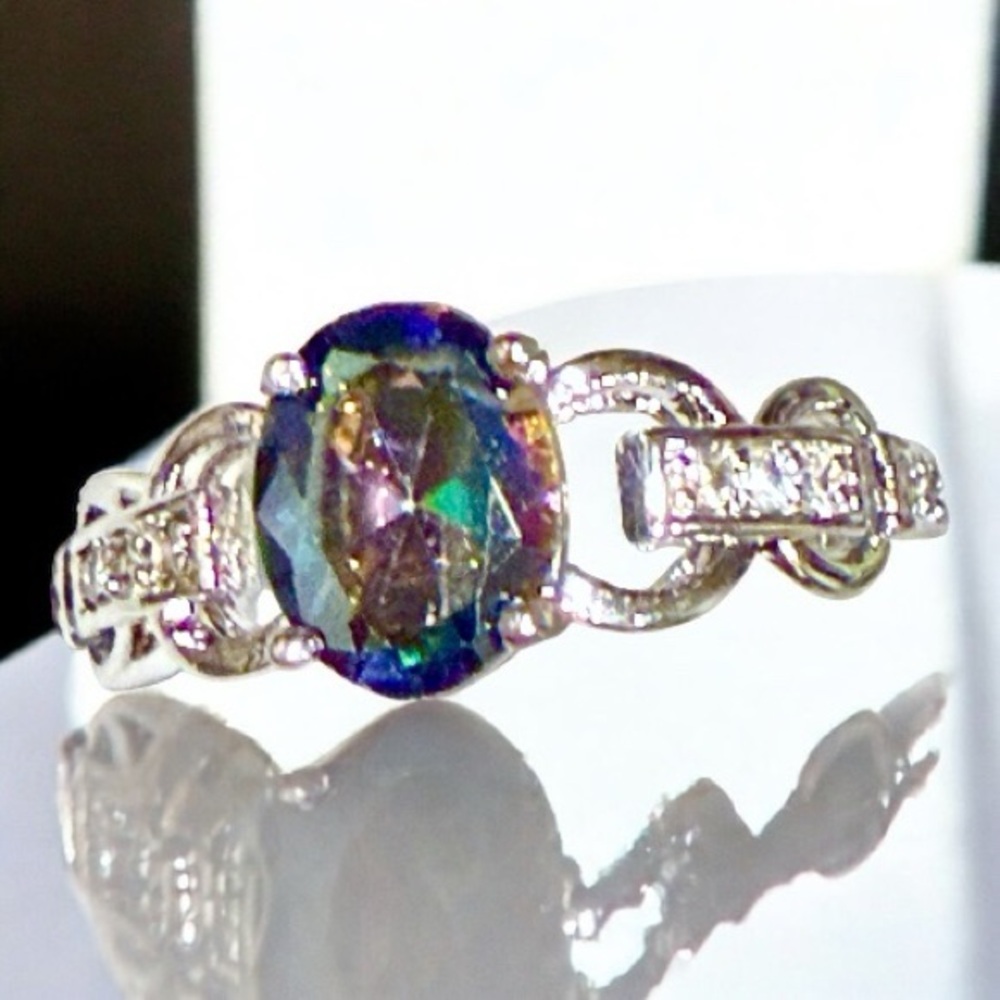 Mystic Topaz Stone Sterling Silver 925 Ring with Clear Stones Size 9 - Picture 2 of 5